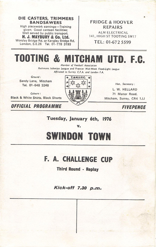 <b>Tuesday, January 6, 1976</b><br />vs. Tooting and Mitcham United (Away)
